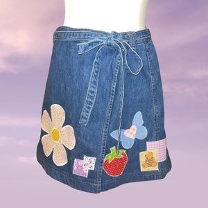Blue Denim Daisy Flower Applique Wrap Skirt With Belt